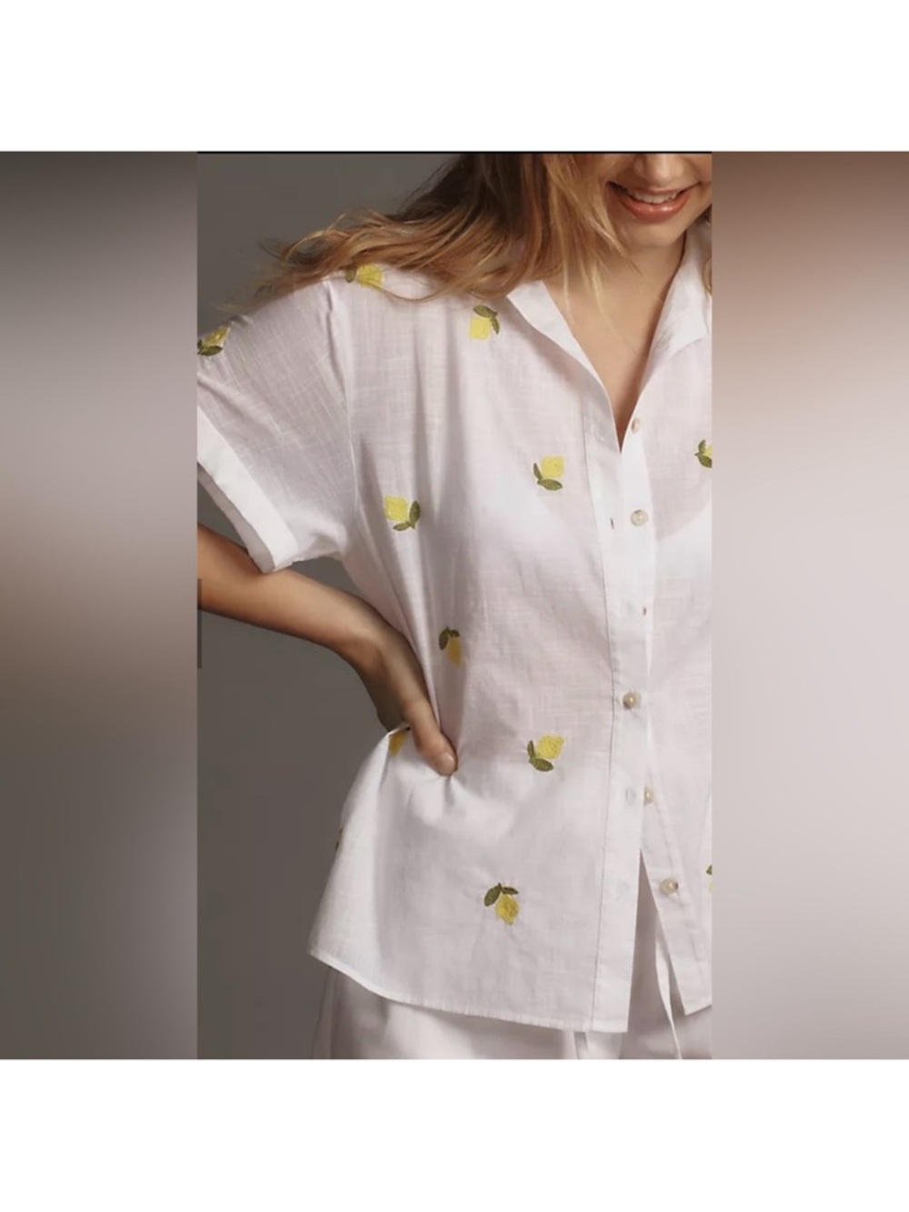 Anthropologie Maeve White Lemon Embroidered Short Sleeve Button Up Shirt Size M - Picture 3 of 9